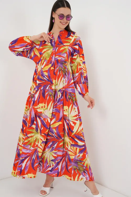 2423 Otantik Desenli Tesettür Elbise - B.Lila