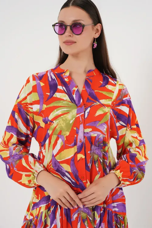 2423 Otantik Desenli Tesettür Elbise - B.Lila