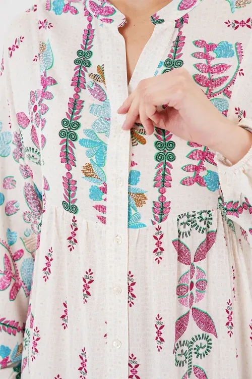 2423 Otantik Desenli Tesettür Elbise - B.Pembe