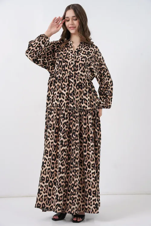 2423 Otantik Desenli Tesettür Elbise - E. Kahve