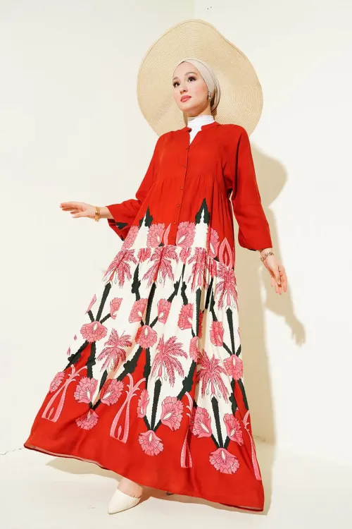 2423 Otantik Desenli Tesettür Elbise - F.Bordo