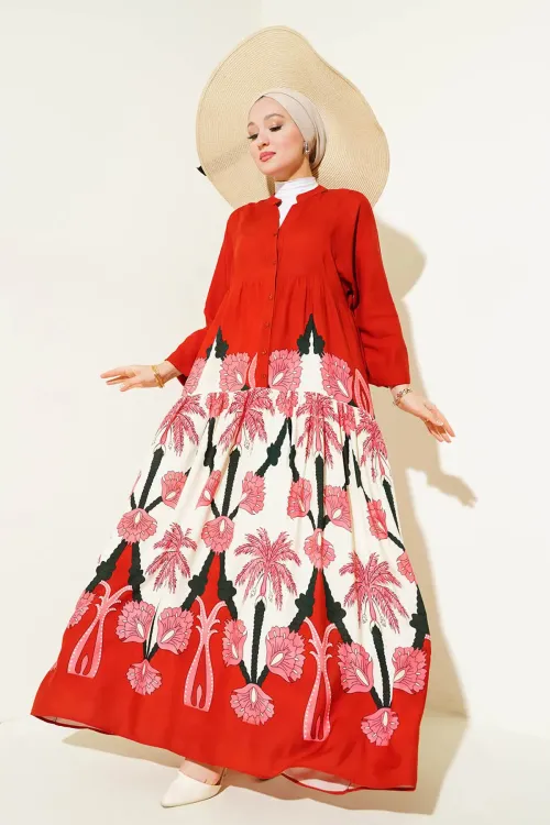 2423 Otantik Desenli Tesettür Elbise - F.Bordo