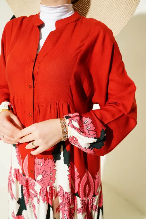 2423 Otantik Desenli Tesettür Elbise - F.Bordo