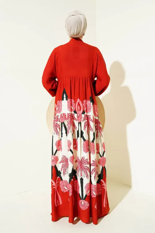 2423 Otantik Desenli Tesettür Elbise - F.Bordo