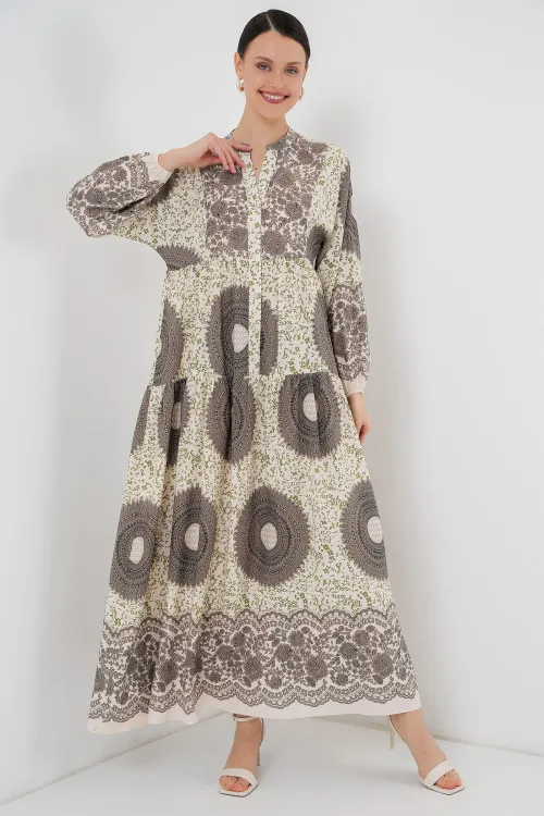 2423 Otantik Desenli Tesettür Elbise - F.KAHVE