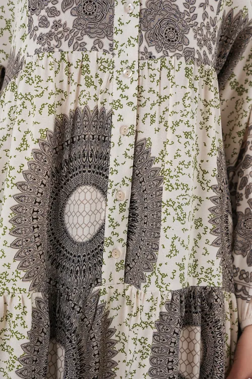 2423 Otantik Desenli Tesettür Elbise - F.KAHVE