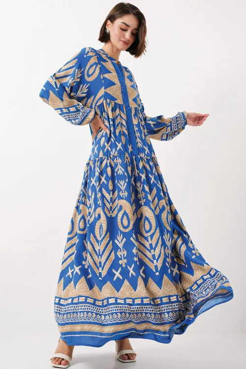 2423 Otantik Desenli Tesettür Elbise - F.Mavi