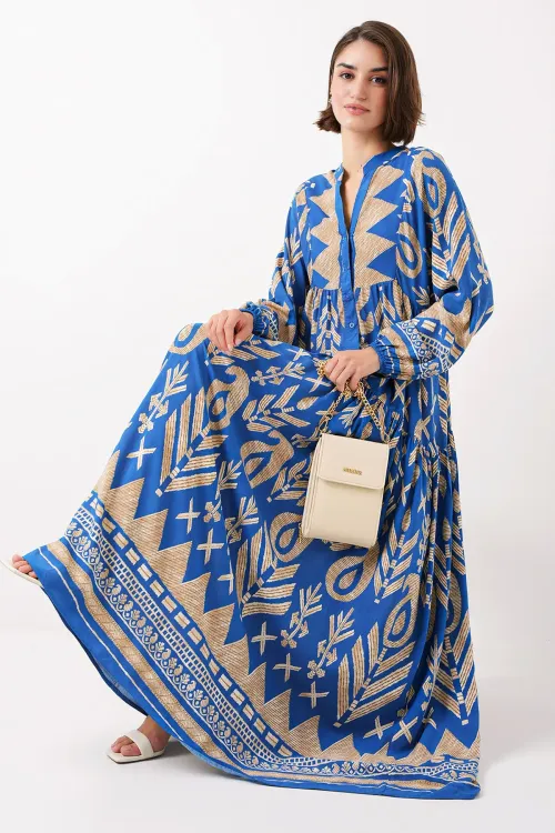 2423 Otantik Desenli Tesettür Elbise - F.Mavi