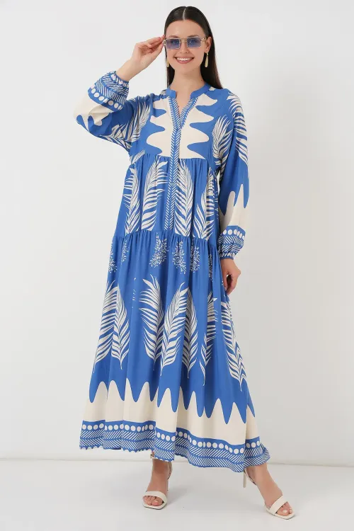 2423 Otantik Desenli Tesettür Elbise - H. İndigo