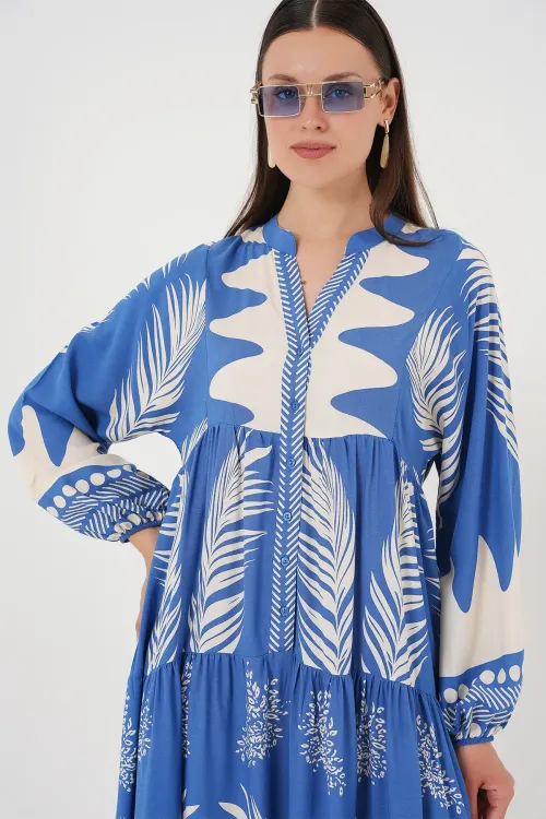 2423 Otantik Desenli Tesettür Elbise - H. İndigo