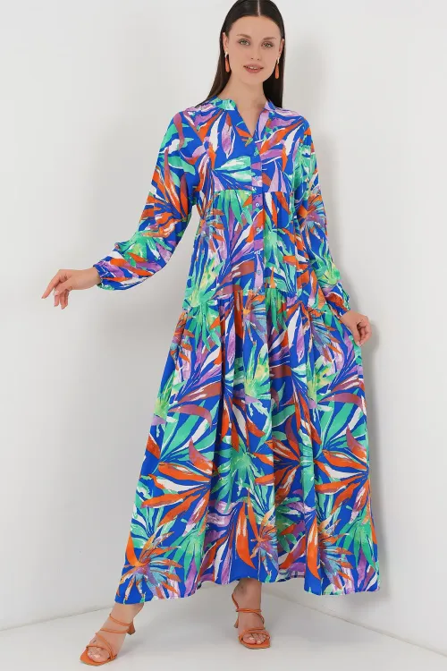 2423 Otantik Desenli Tesettür Elbise - Lacivert 10