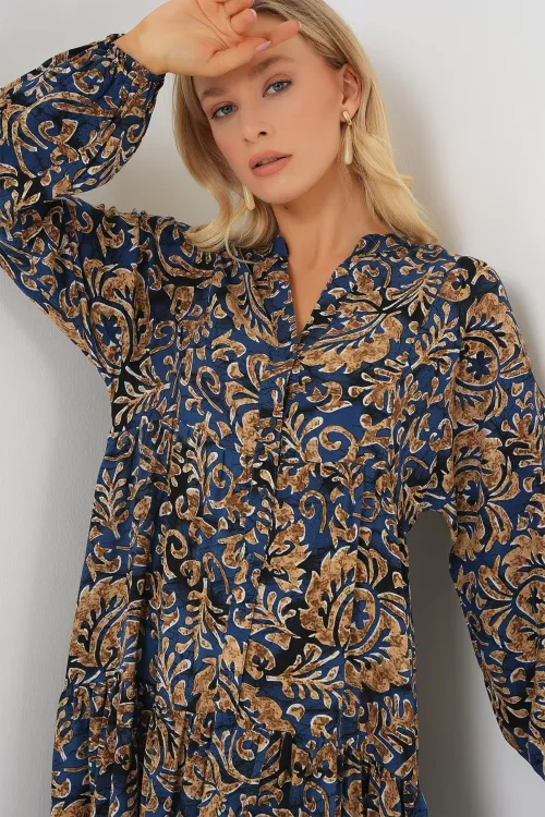 2423 Otantik Desenli Tesettür Elbise - Lacivert 11