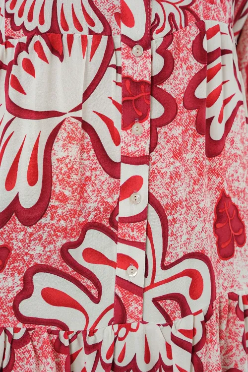 2423 Otantik Desenli Tesettür Elbise - N. Kırmızı