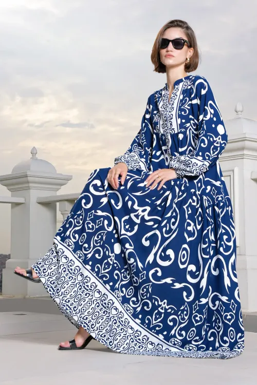 2423 Otantik Desenli Tesettür Elbise - P. Lacivert