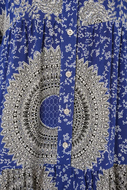 2423 Otantik Desenli Tesettür Elbise - Saks 4