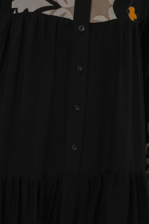 2423 Otantik Desenli Tesettür Elbise - Siyah 6