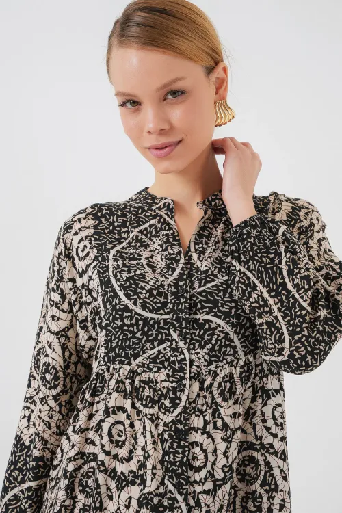 2423 Otantik Desenli Tesettür Elbise - Siyah 9