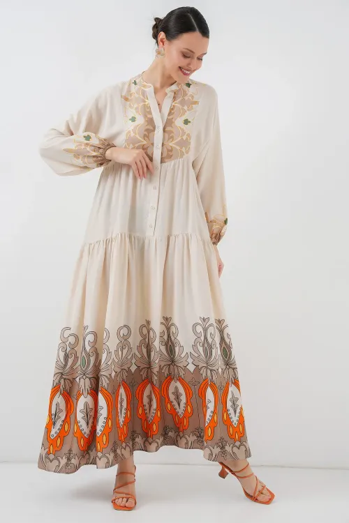 2423 Otantik Desenli Tesettür Elbise - T. Ekru
