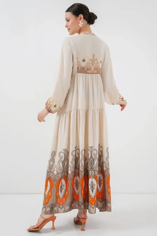 2423 Otantik Desenli Tesettür Elbise - T. Ekru