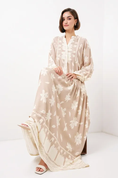 2423 Otantik Desenli Tesettür Elbise - Vizon