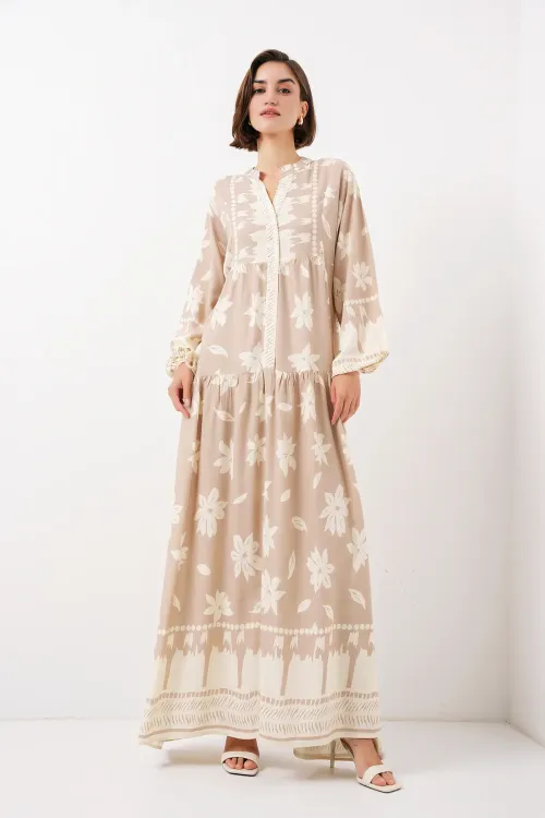 2423 Otantik Desenli Tesettür Elbise - Vizon