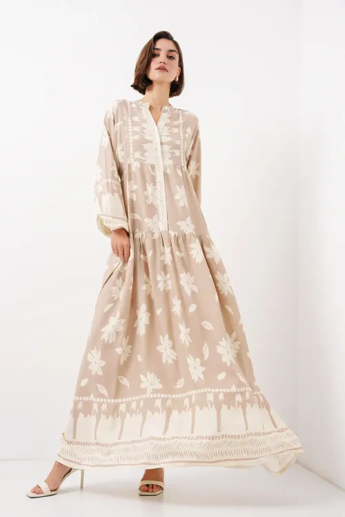 2423 Otantik Desenli Tesettür Elbise - Vizon