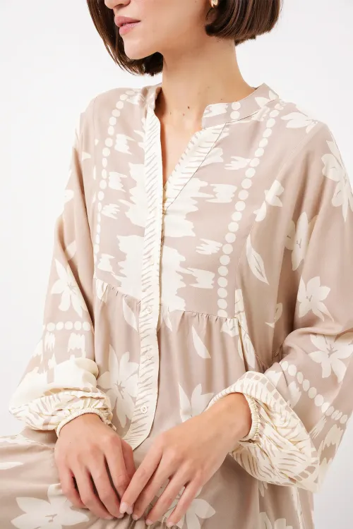 2423 Otantik Desenli Tesettür Elbise - Vizon