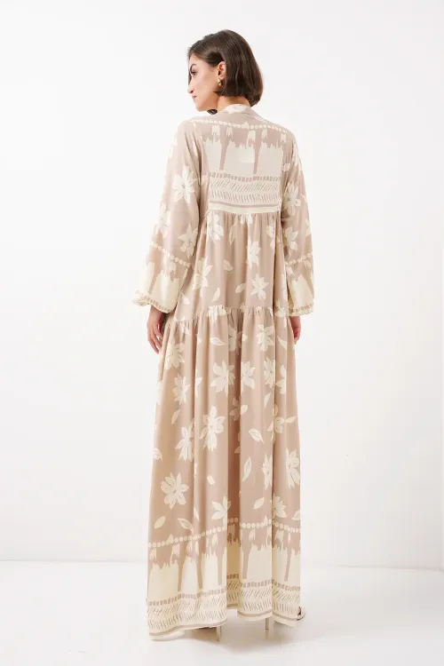 2423 Otantik Desenli Tesettür Elbise - Vizon