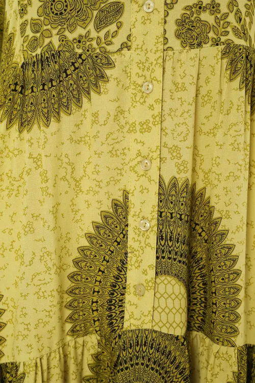 2423 Otantik Desenli Tesettür Elbise - Yağ Yeşili 2