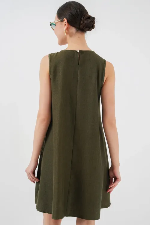 2444 Mini Keten Elbise - Haki