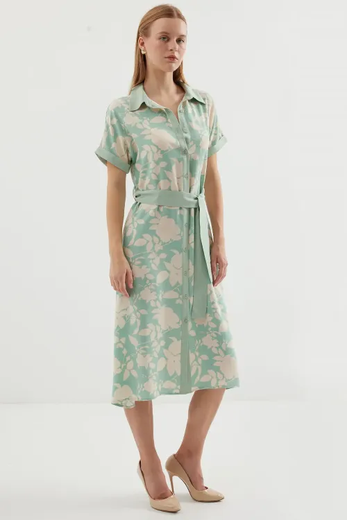 2455 Desenli Gömlek Elbise - Çağla