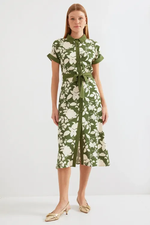 2455 Desenli Gömlek Elbise - Haki