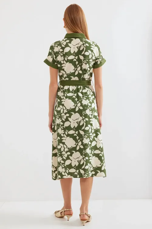 2455 Desenli Gömlek Elbise - Haki