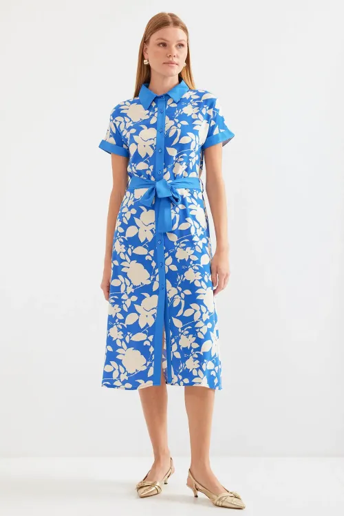 2455 Desenli Gömlek Elbise - Mavi