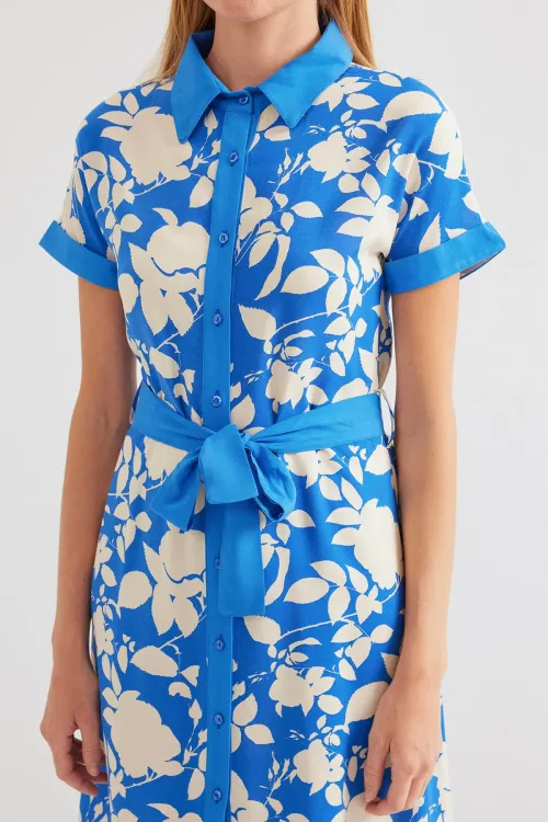 2455 Desenli Gömlek Elbise - Mavi