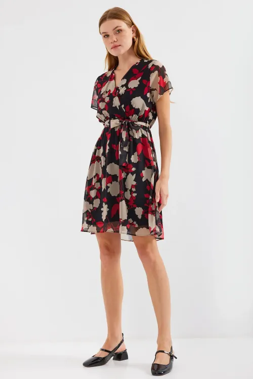 2502 Kısa Kol Desenli Şifon Elbise - Bordo