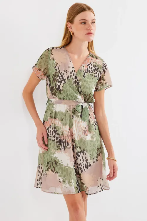 2502 Kısa Kol Desenli Şifon Elbise - Çağla