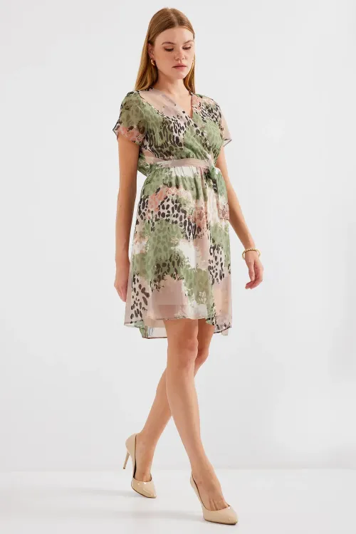 2502 Kısa Kol Desenli Şifon Elbise - Çağla