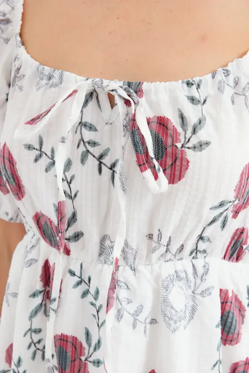 2508 Desenli Mini Kloş Elbise - Ekru