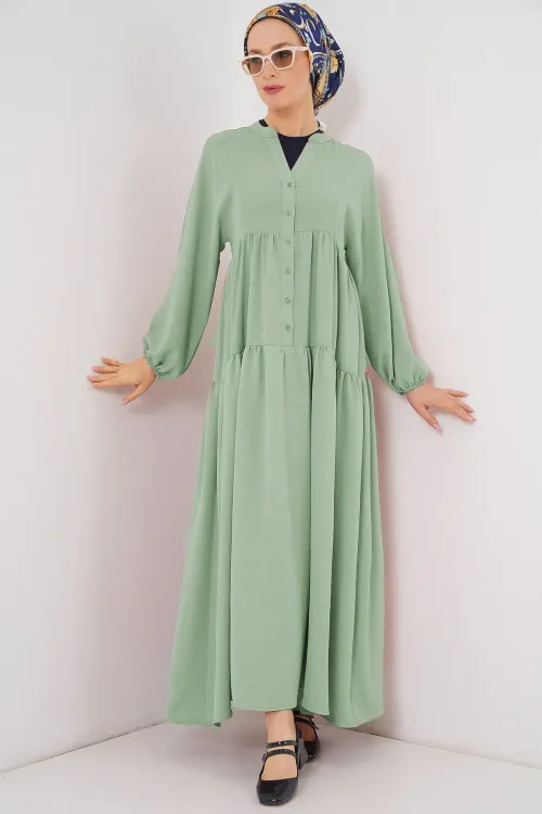2527 Kadın Uzun Tesettür Elbise - E.Yeşil