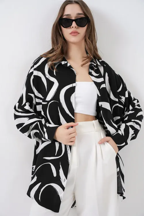 3721 Grafik Desenli Gömlek - F. Siyah