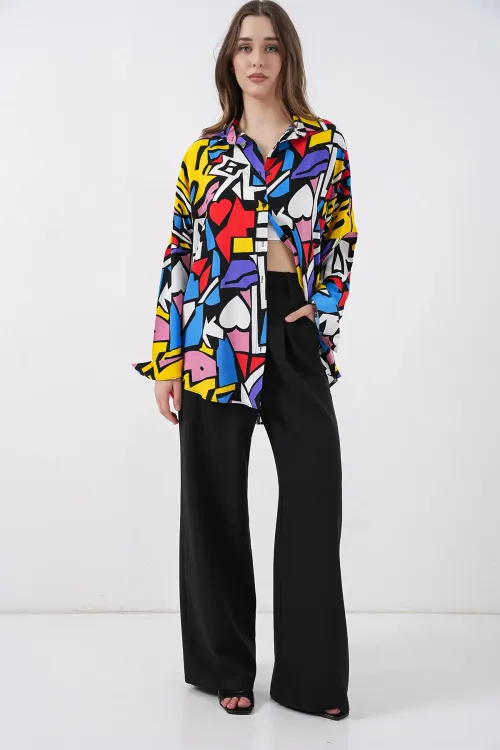 3721 Grafik Desenli Gömlek - Siyah