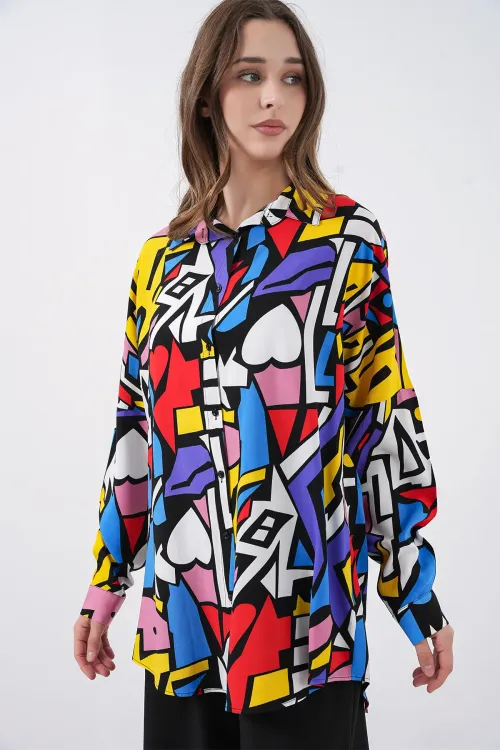 3721 Grafik Desenli Gömlek - Siyah