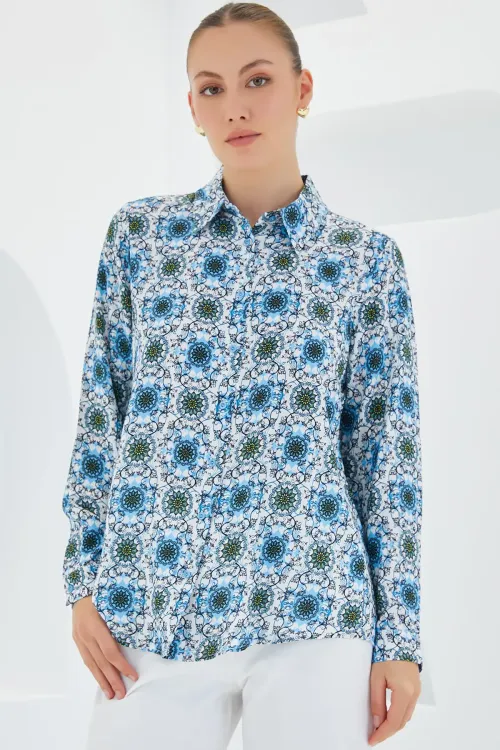 3721 Grafik Desenli Gömlek - Turkuaz
