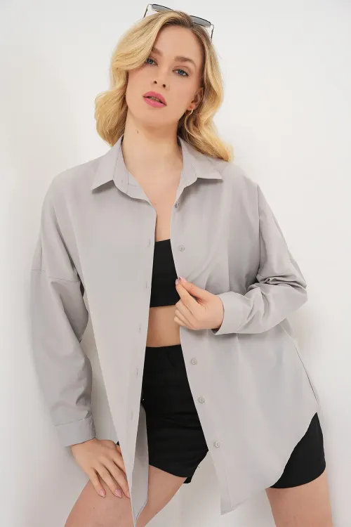 3900 Oversize Uzun Basic Gömlek - A.Gri