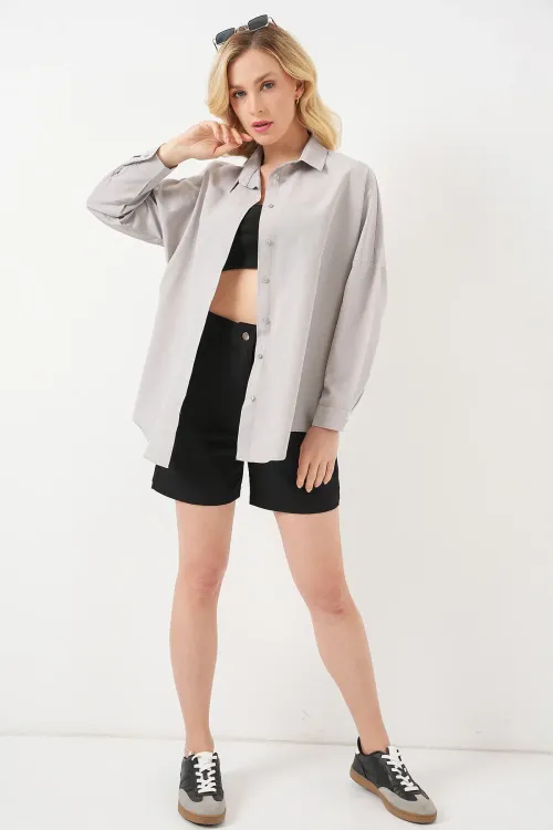 3900 Oversize Uzun Basic Gömlek - A.Gri