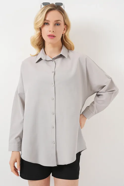 3900 Oversize Uzun Basic Gömlek - A.Gri
