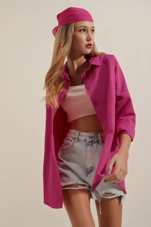 3900 Oversize Uzun Basic Gömlek - Koyu Pembe