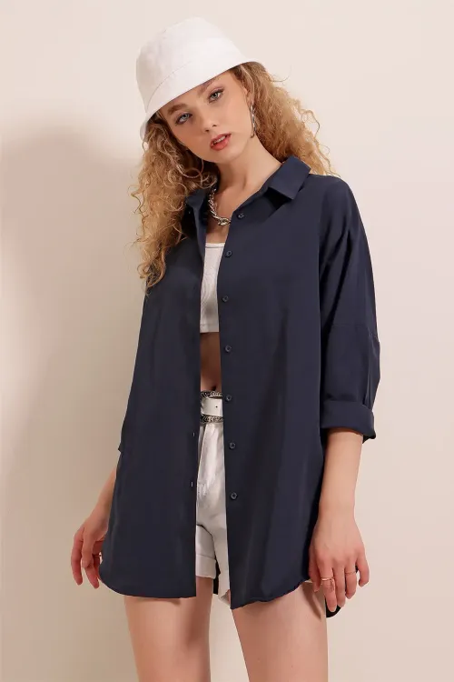 3900 Oversize Uzun Basic Gömlek - Lacivert