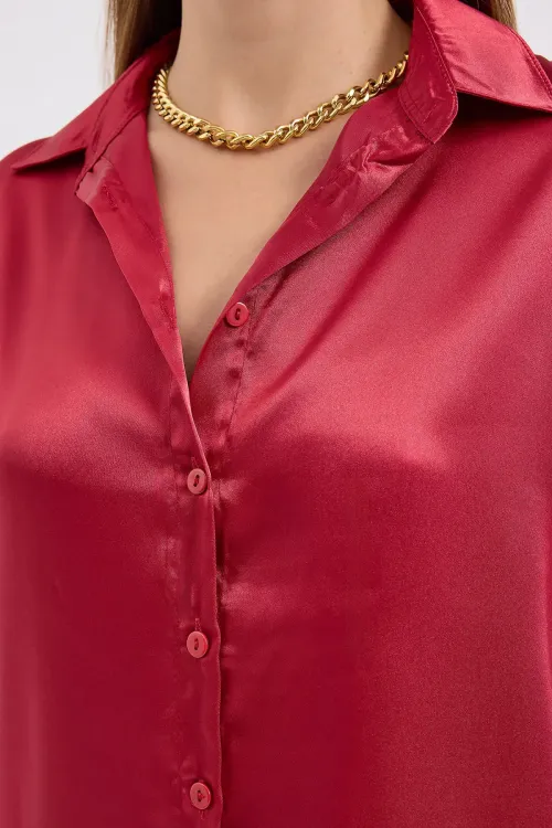 3964 Hafif Dökümlü Saten Gömlek - A.Bordo